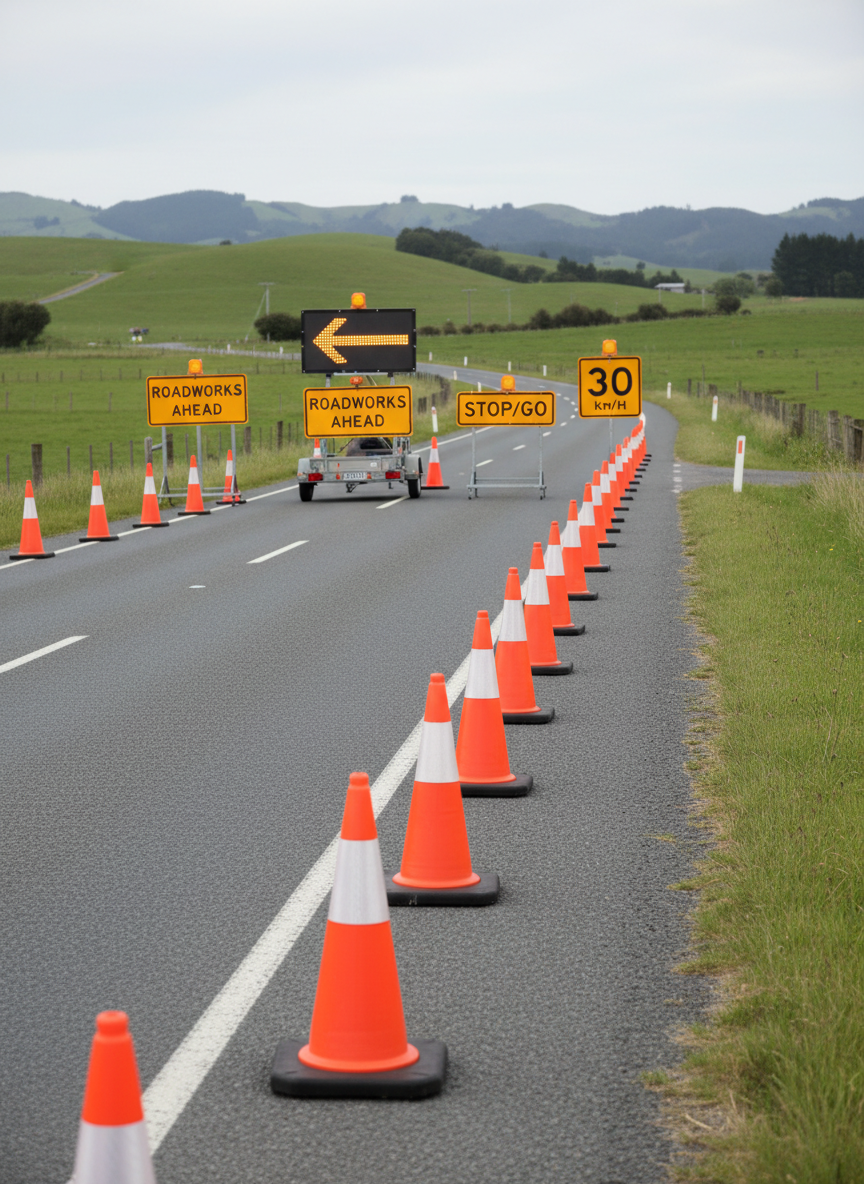 A meticulously arranged temporary traffic management setup on a quiet New Zealand rural road, featuring crisp orange-and-white reflective cones, weighted bases, and a perfectly aligned sequence of regulatory signs with clear black lettering on bright yellow backgrounds. The scene includes a portable electronic arrow board on a trailer, its amber LEDs forming a bold directional arrow. The environment shows rolling green paddocks, neatly fenced boundaries, and distant hills under a soft overcast sky. Photographic realism with eye-level composition, sharp focus throughout, and diffused daylight creating gentle shadows. The mood is professional and orderly, emphasizing safety, precision, and reliability in traffic management planning and implementation.